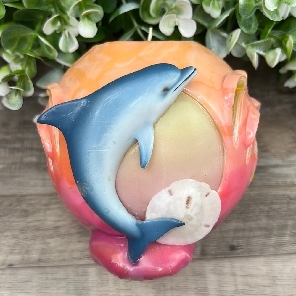 Dolphin Palm Tree Key West Florida Round Colorful Candle Nautical Coastal Decor